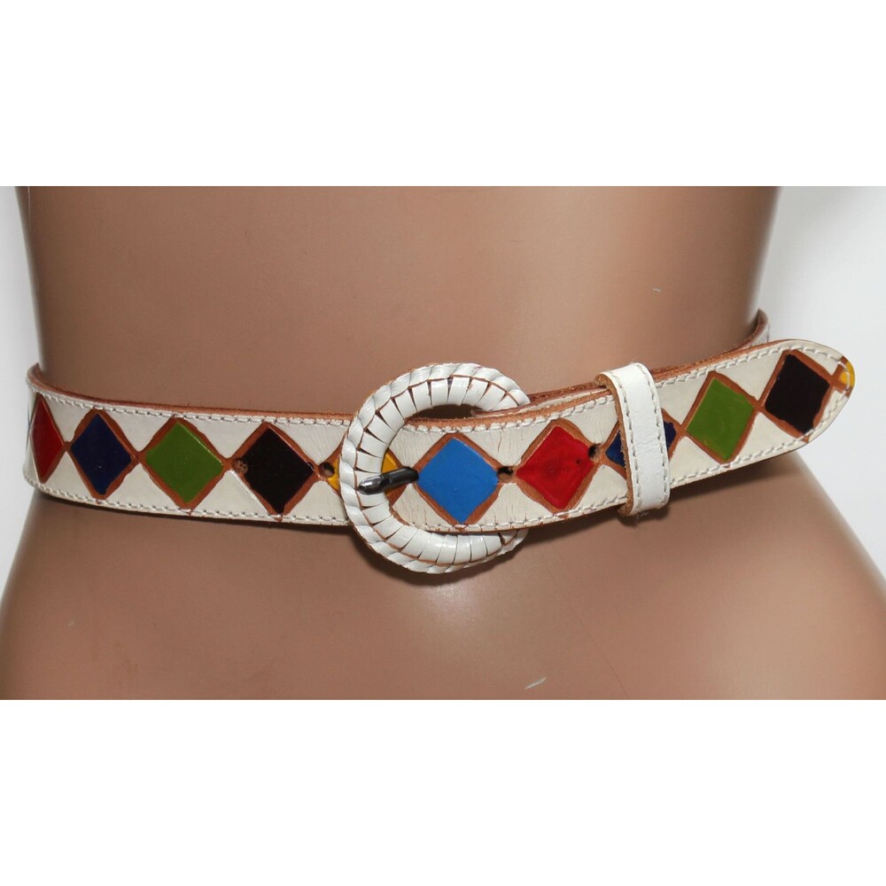 Colorful hand painted Leather Belt White - Color Diamonds - SIZE S/M - 34" long